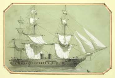 1859年に政府から、1861年までに海上で就役した最初のイギリスの鉄軍艦である「戦士」（鉛筆で白くしたもの）